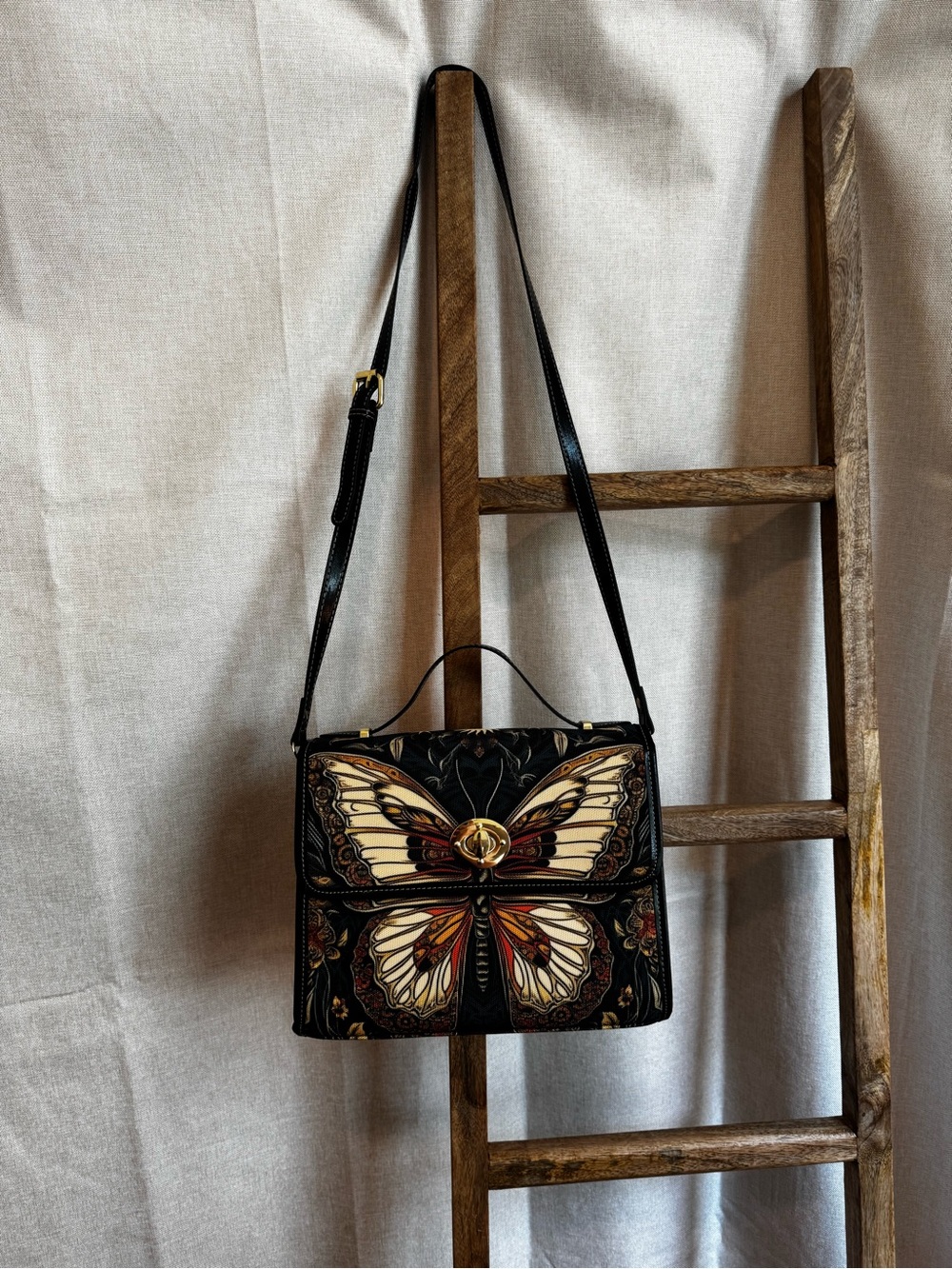Black Butterfly-Embroidered Satchel with Cream & Brown Accents